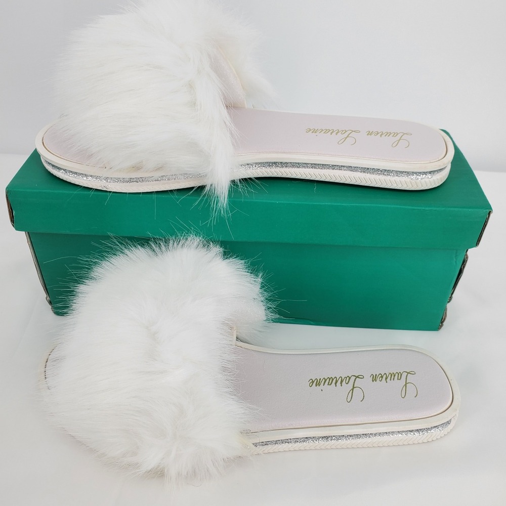 Lauren Lorraine White Fluffy Faux Fur Flat Sandal Glitter Trim Slides Size 8 New